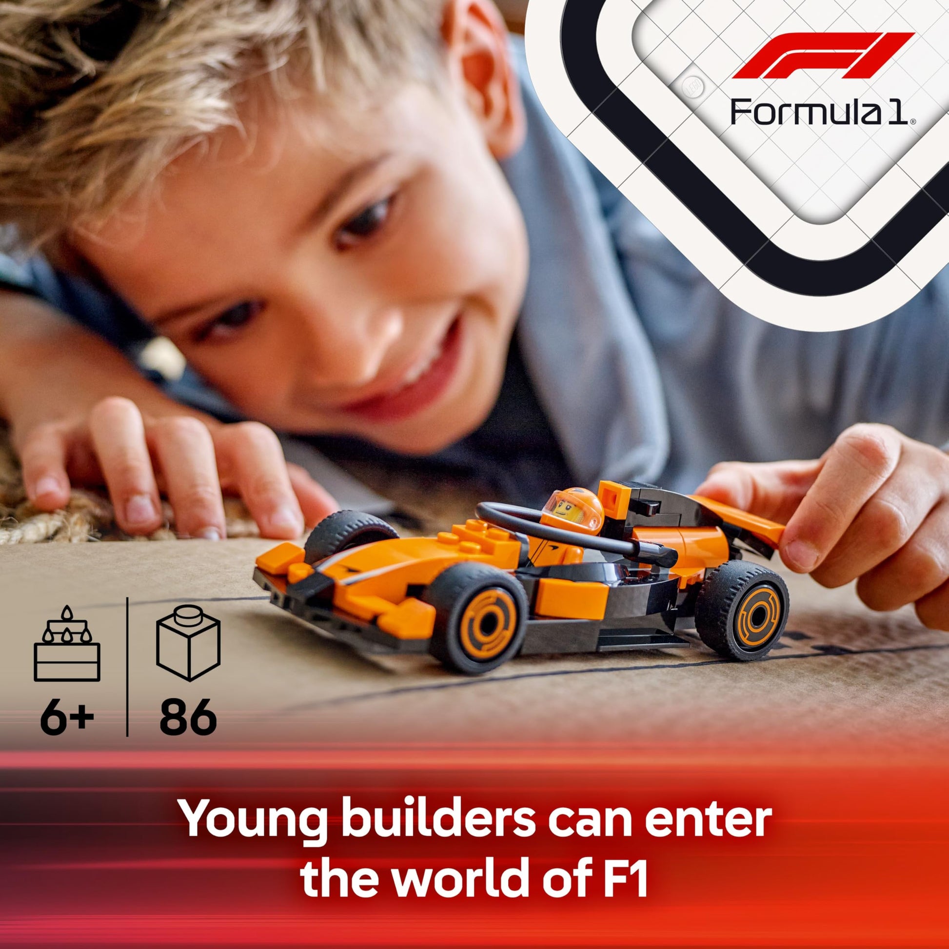 LEGO City F1 driver minifigure with McLaren race car, designed for kids and motorsport fans, showcasing vibrant details.