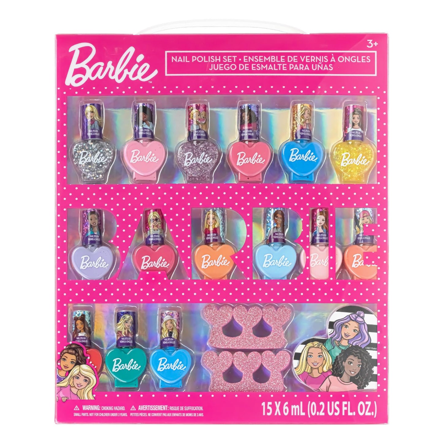 Barbie 18 Piece Set Kids Water Based Nail Polish Makeup Set, Includes 15 Nail Polishes with 2 Toe Spacer and 1 Nail File for Girls Ages 3+ by Townley Girl