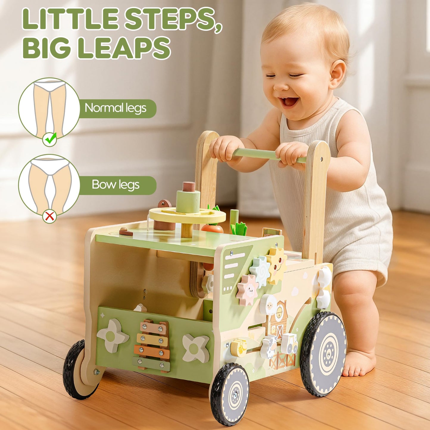 Robud farm-themed wooden baby walker with wheels for 1-2 year olds, featuring adjustable height and speed, Montessori activity center.