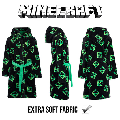 Minecraft - Dressing Gown Kids Fleece Hooded with Creeper Design Official Merchandise Boys Gowns for Boys' Sleepwear & Robes Age 7-8 Years, Black