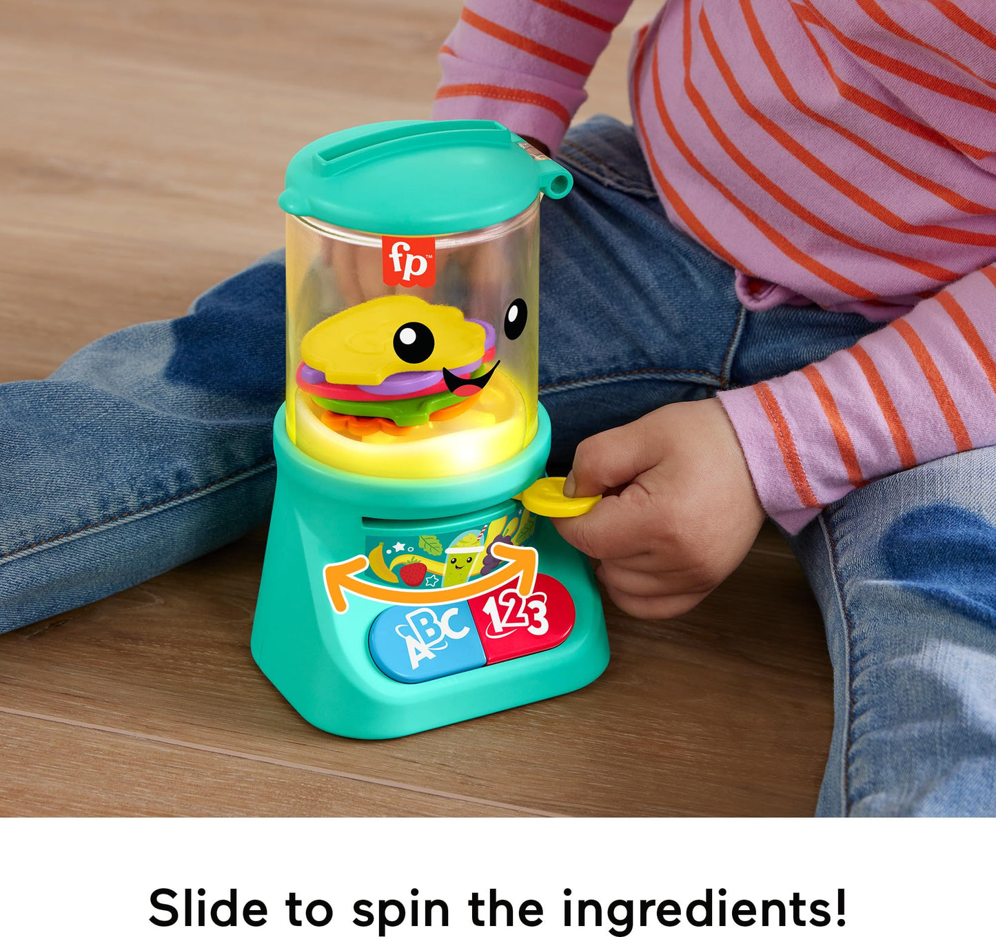 Fisher-Price Laugh & Learn baby toy smoothie maker with colorful buttons, lights, and music for ages 9 months and up.
