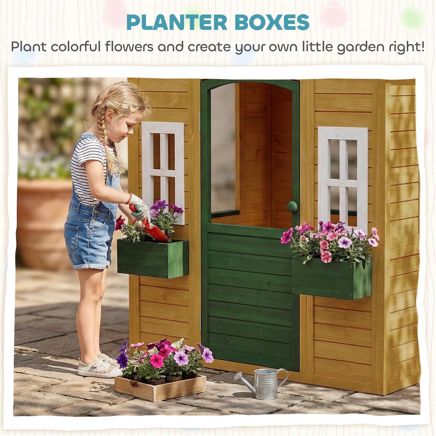 AIYAPLAY wooden playhouse for kids with a working door, windows, and flower boxes, ideal for outdoor or indoor imaginative play.