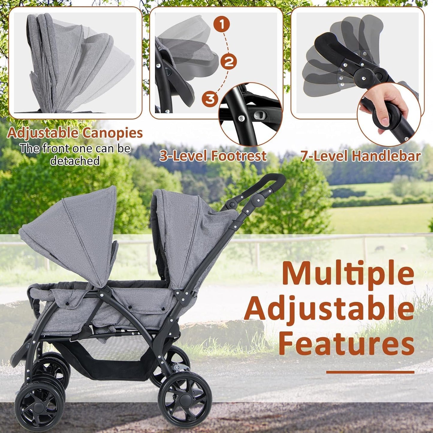 Foldable Twin Stroller, Double Baby Pushchair w/Multi-Level Backrest, Canopy, Handle & Footrest, Safety Belt & Brake System, Travel Tandem Seating Stroller w/Lockable Wheels (Gray)
