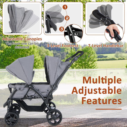 Foldable Twin Stroller, Double Baby Pushchair w/Multi-Level Backrest, Canopy, Handle & Footrest, Safety Belt & Brake System, Travel Tandem Seating Stroller w/Lockable Wheels (Gray)
