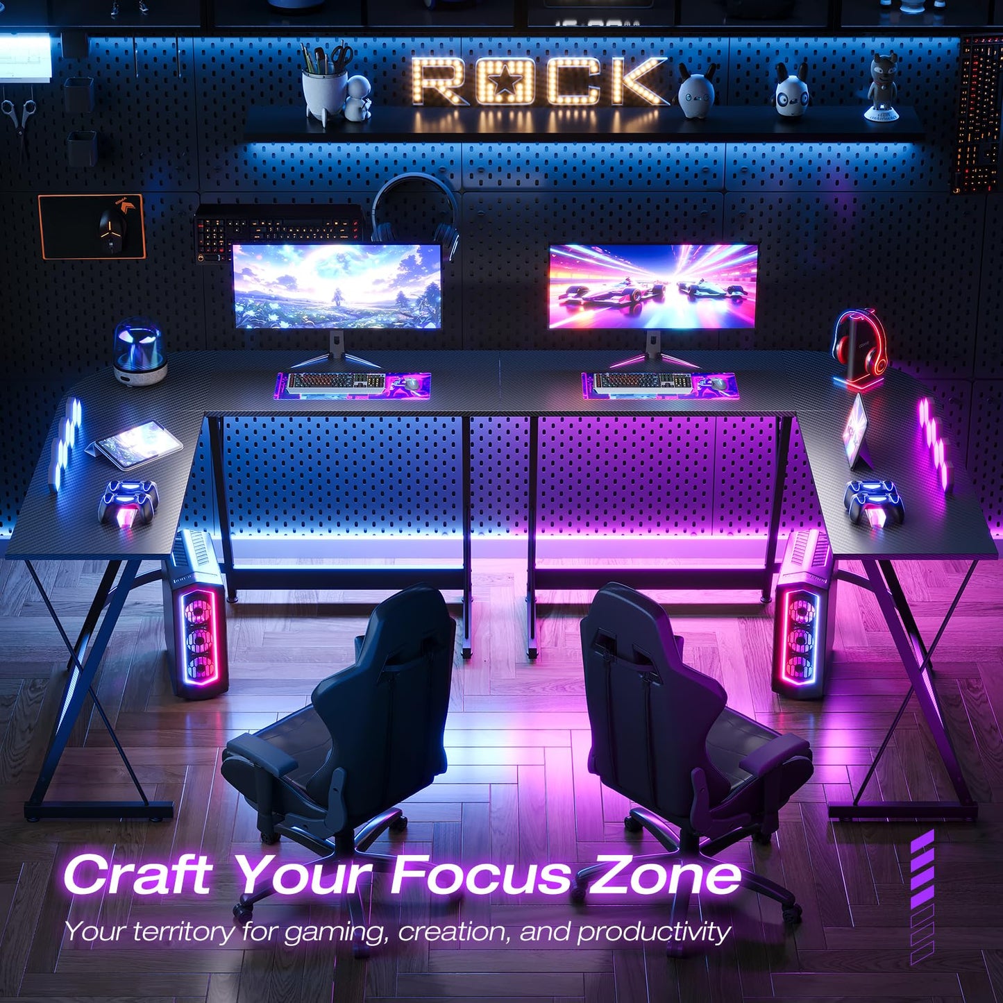 ODK L Shaped Gaming Desk, 120×120 cm Corner Computer Desk for Gaming, Home, Office, Carbon Fibre Black