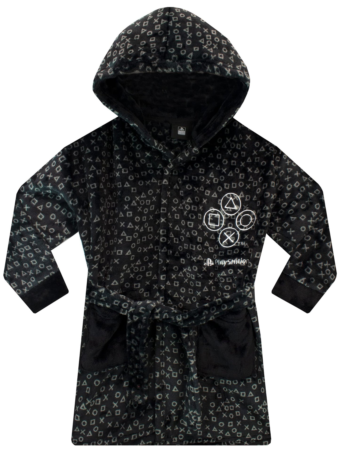 PlayStation boys' black dressing gown for ages 5-6, soft fabric with PlayStation logo, cozy loungewear for kids.