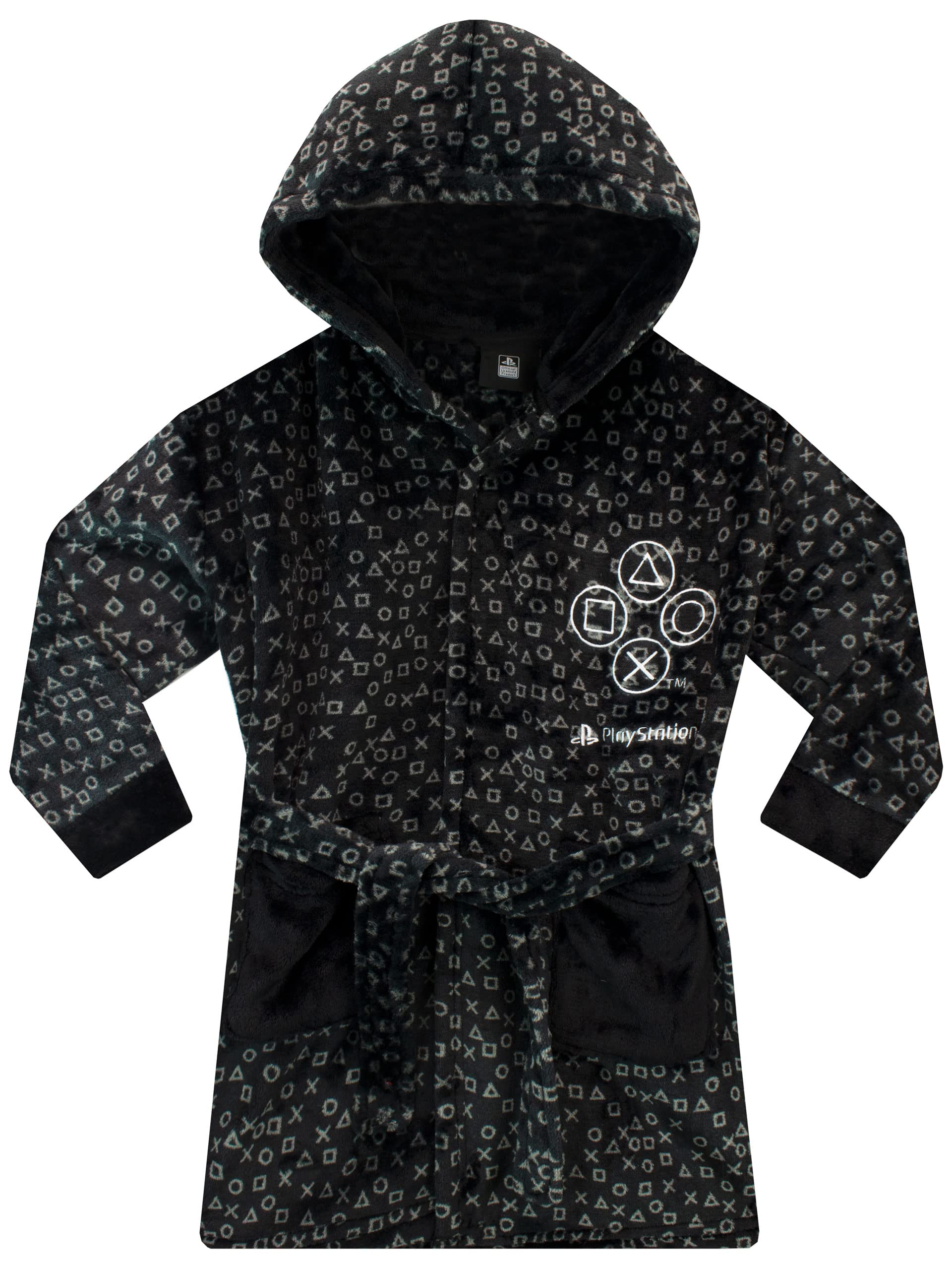PlayStation boys' black dressing gown for ages 5-6, soft fabric with PlayStation logo, cozy loungewear for kids.