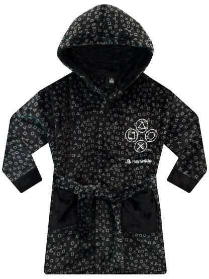 PlayStation boys' black dressing gown for ages 5-6, soft fabric with PlayStation logo, cozy loungewear for kids.