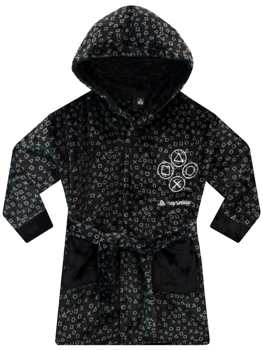 PlayStation boys' black dressing gown for ages 5-6, soft fabric with PlayStation logo, cozy loungewear for kids.