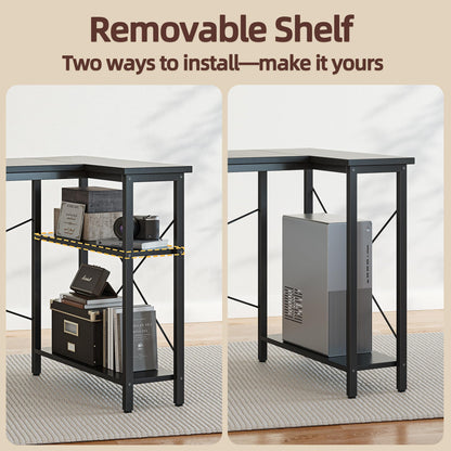 BEXEVUE L-shaped gaming desk in black with large reversible storage shelves, 100x70 cm computer desk for office or gaming setup