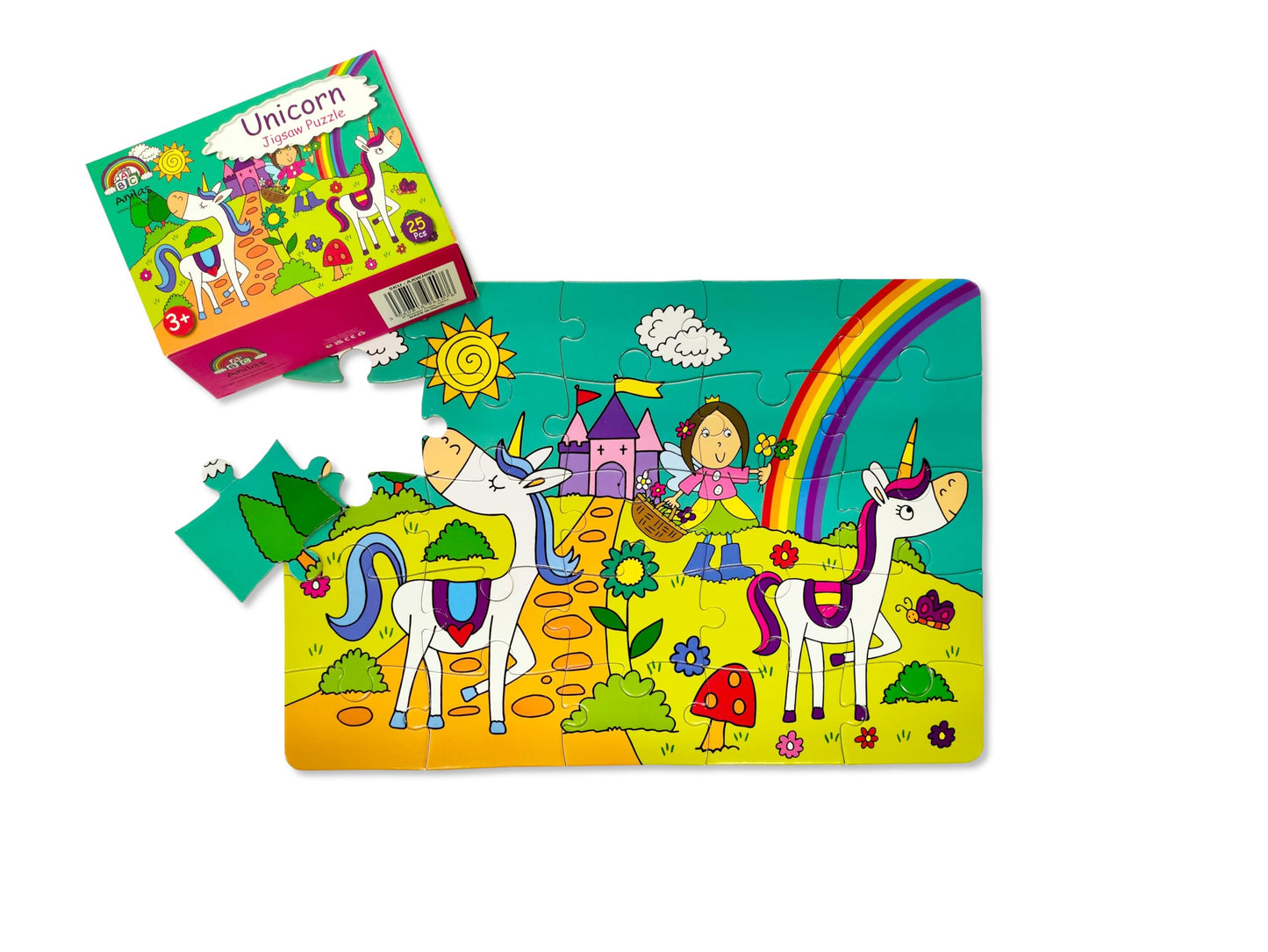 Anila's children's jigsaw puzzle set with six designs, 25 pieces each, suitable for ages 3-8, shown with colorful puzzle images.