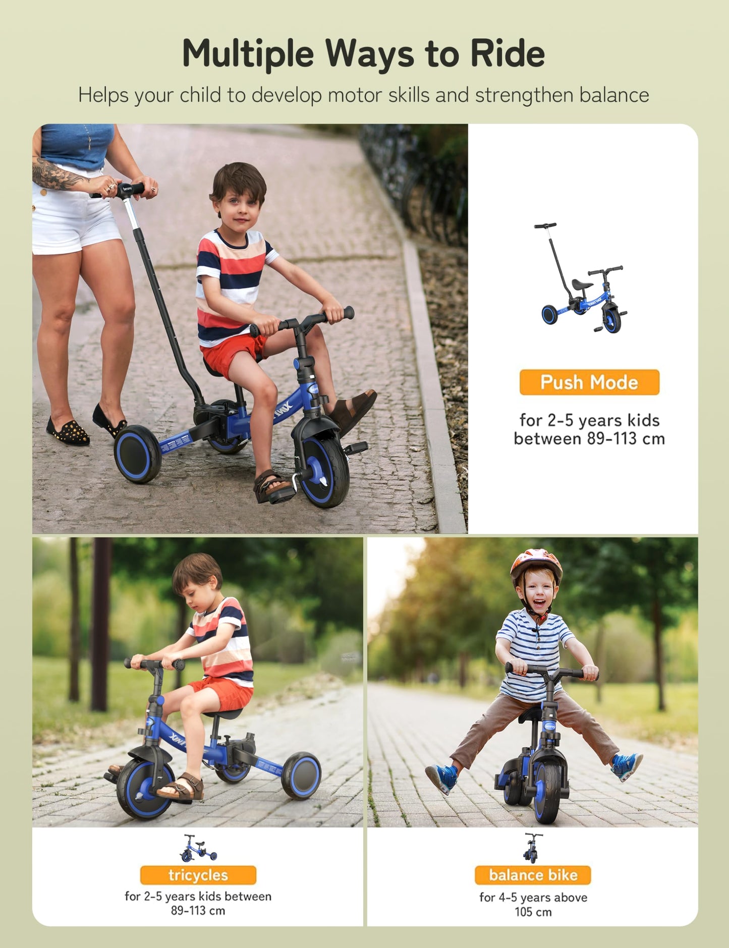 besrey 5-in-1 toddler tricycle in blue with adjustable seat, removable pedals, and parent steering handle for kids aged 1-5.