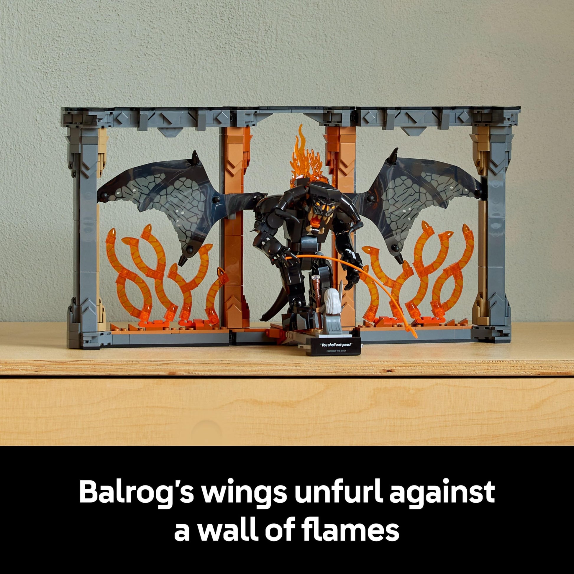 LEGO Icons Balrog Book Nook with Gandalf the Grey minifigure and dragon figure, detailed DIY bookshelf decor.