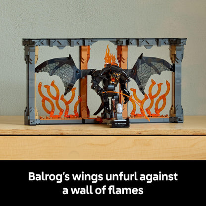 LEGO Icons Balrog Book Nook with Gandalf the Grey minifigure and dragon figure, detailed DIY bookshelf decor.