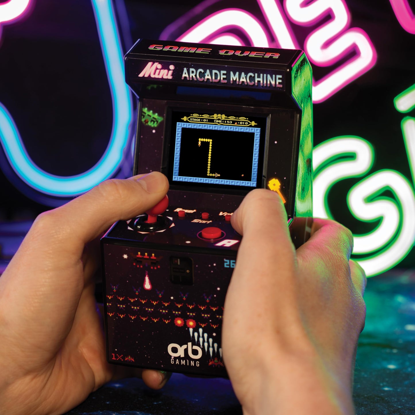 Mini Arcade Machine, 240 Built-In 8-Bit Games, 2.5” Full Colour Screen, 8-Way Joystick, Handheld Retro Games Console – Orb Gaming by ThumbsUp!