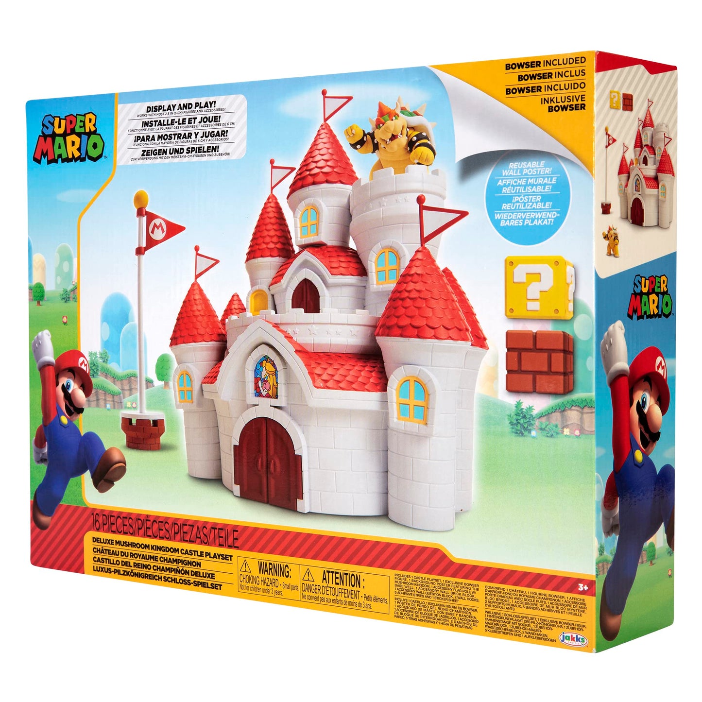 Nintendo Mushroom Kingdom Castle playset with Bowser action figure, accessories, wall poster, officially licensed by Jakks Pacific.
