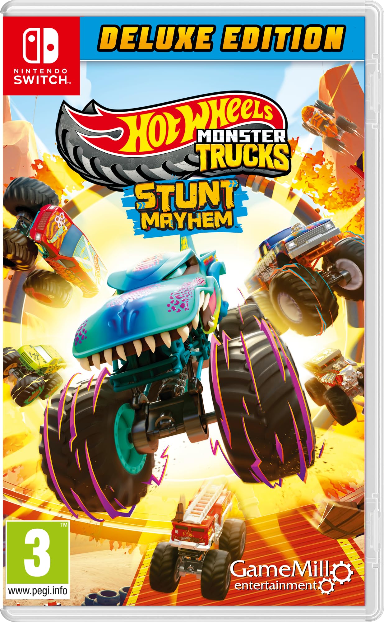 Hot Wheels Monster Trucks: Stunt Mayhem Deluxe Edition for Nintendo Switch showing colorful monster truck gameplay on screen.