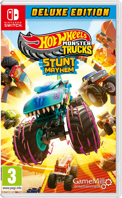 Hot Wheels Monster Trucks: Stunt Mayhem Deluxe Edition for Nintendo Switch showing colorful monster truck gameplay on screen.