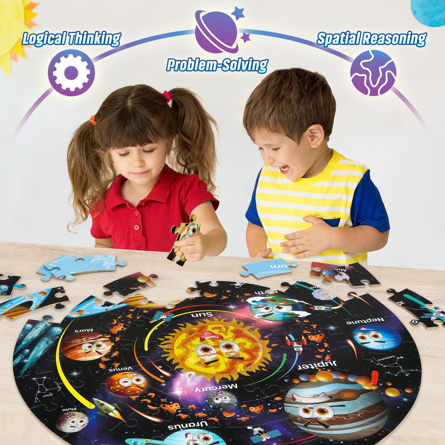 Giant solar system floor jigsaw puzzle for kids, featuring space planets, astronauts, and colorful space-themed design by SYNARRY.