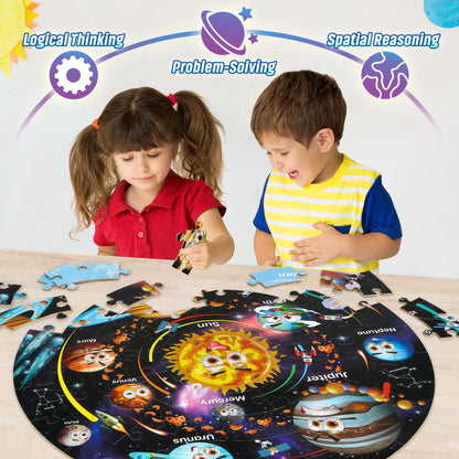 Giant solar system floor jigsaw puzzle for kids, featuring space planets, astronauts, and colorful space-themed design by SYNARRY.