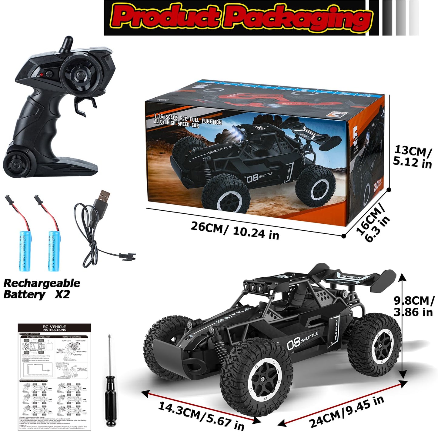 SZJJX Remote Control Car for Kids 3 4 5 6 7+, 20 KM/H High-Speed RC Cars with LED Lights, 2.4GHz 2WD Monster Truck Toys, Rechargeable RC Car, Toy Cars for Girls Boys, Christmas & Birthday Gifts–Black