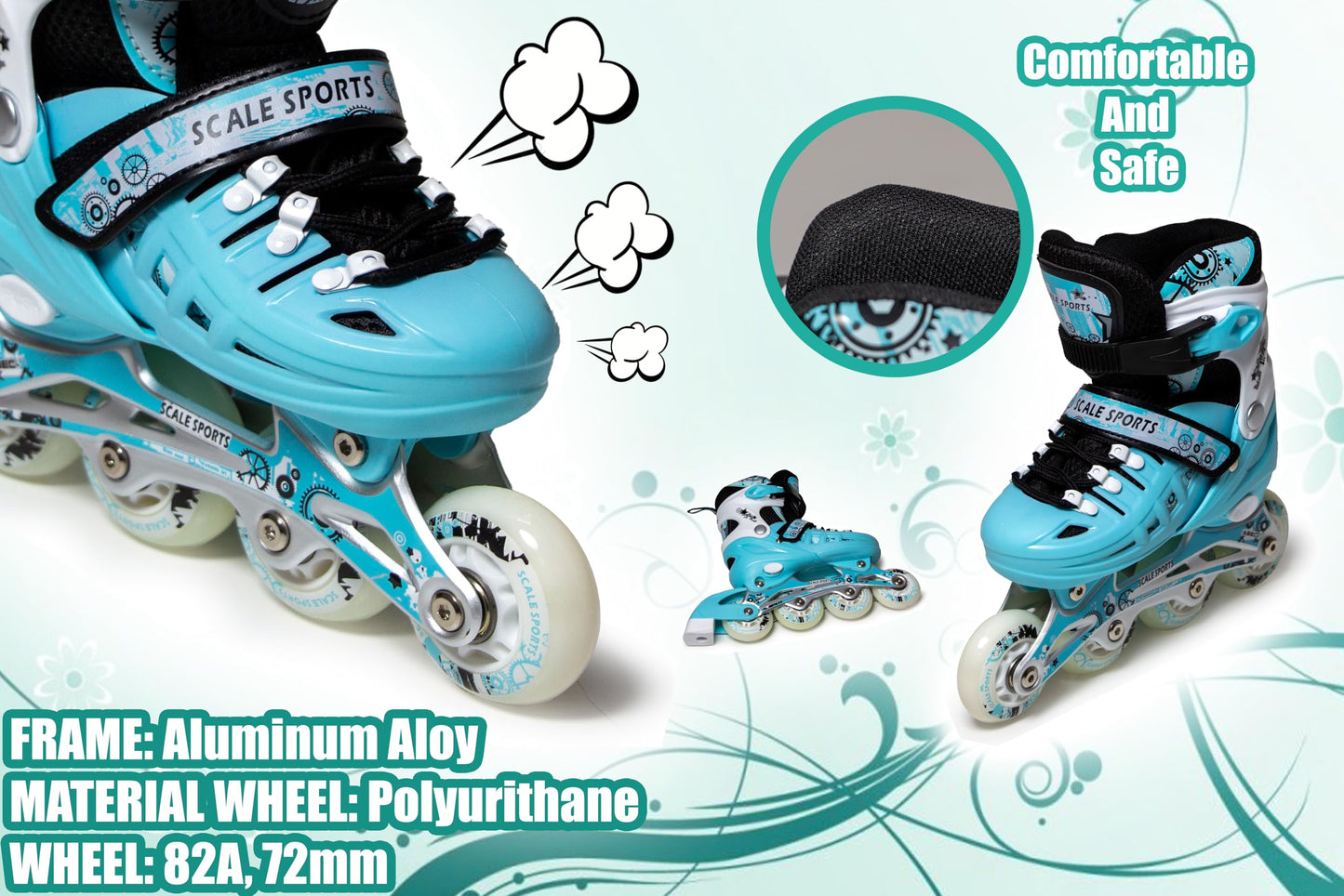 Scale Sports - Adjustuble Roller Skates with light up wheels for children and adults - Kids Inline Roller Skates (mint, UK 5-7 (EU 38-41) L)