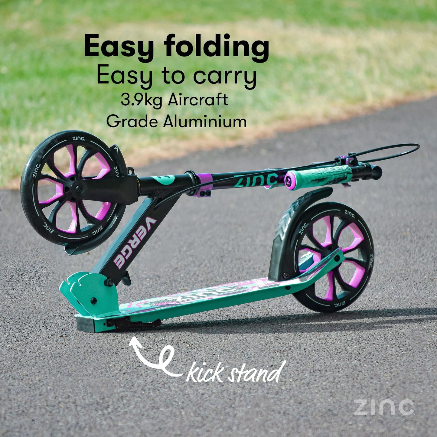Zinc Verge Pro Kids Scooter – Big Wheel Kick Scooter for Ages 6+, Foldable 2-Wheel Scooter with 200mm Wheels, Lightweight, Height Adjustable, Rear Footbrake, Supports up to 100kg, Black & Green