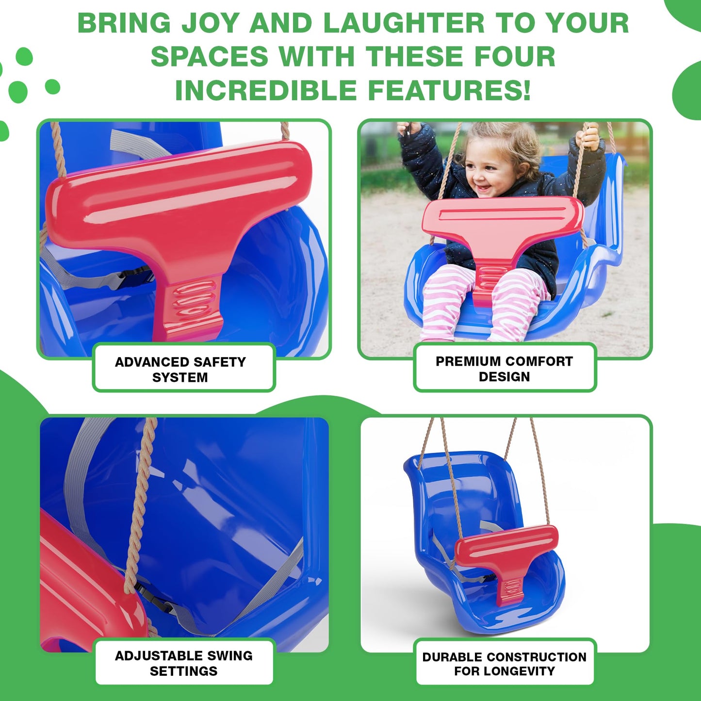 Deluxe Blue and Red Baby Swing Seat with Secure Safety System