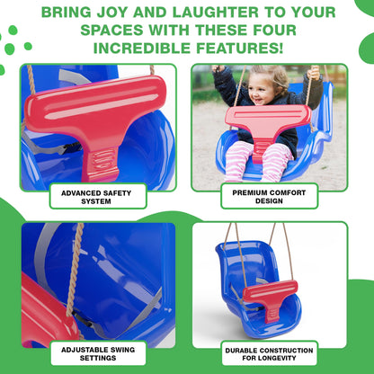 Deluxe Blue and Red Baby Swing Seat with Secure Safety System