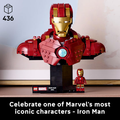 LEGO Marvel Iron Man MK4 bust display model with Tony Stark minifigure and rotating head, ideal for collectors.