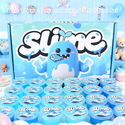 Set of 24 blue galaxy slime containers by Bretohay, soft, stretchy DIY slime for kids' stress relief and party favors.