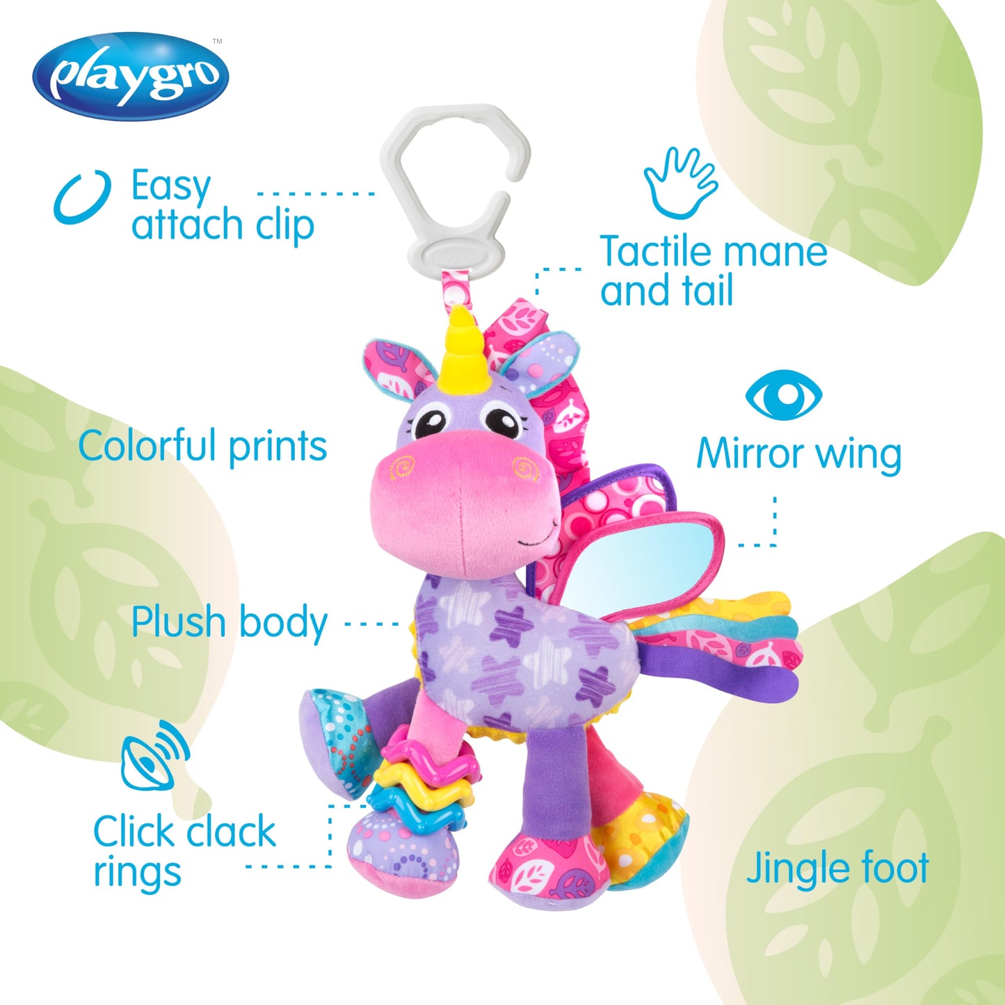 Playgro Activity Friend Stella Unicorn - Delight Your Baby Girl with this Sensory Development Toy, Ideal Baby Girl Gift for 0+ Months - On-The-Go Fun with Car Seat Toys and Pram Toy