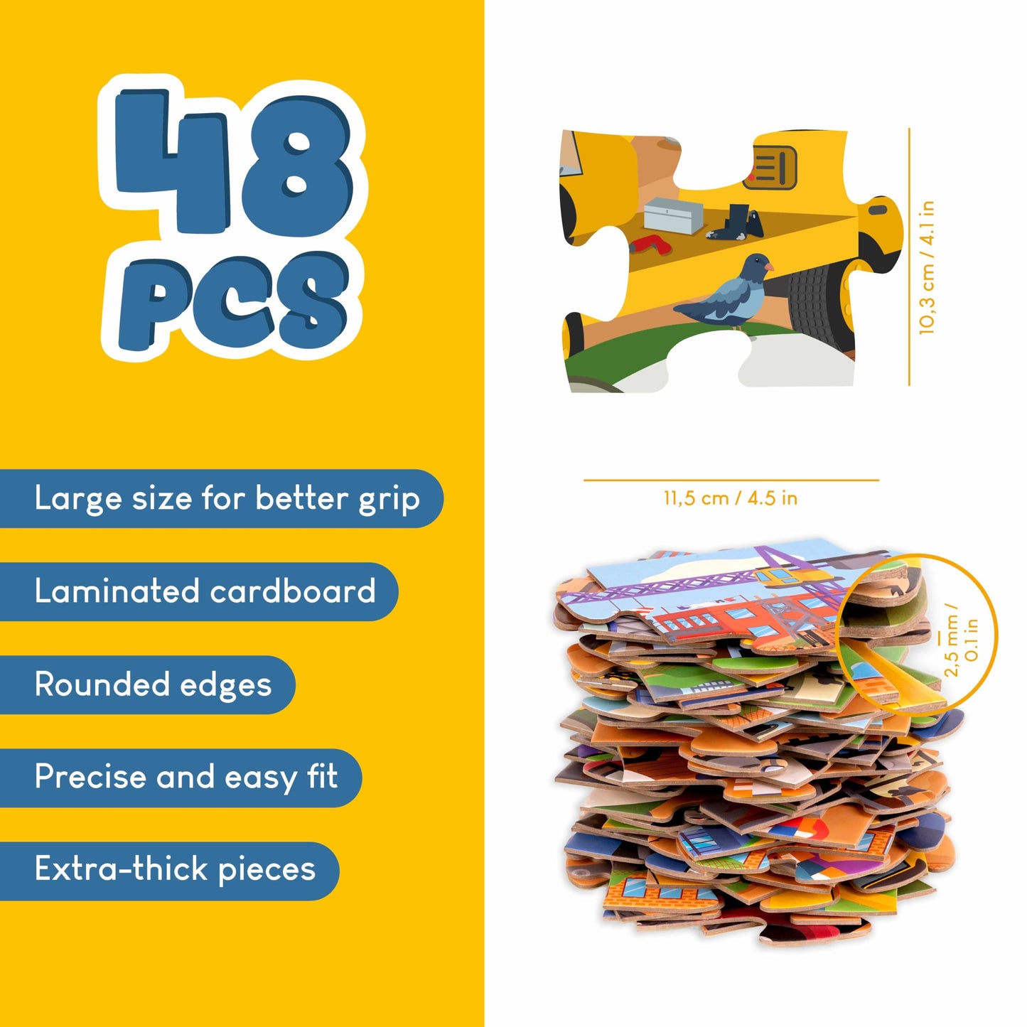 BONNYCO Giant Floor Puzzle Construction Site with 48 Large Pieces. Jigsaw Puzzles for Kids 36.2 x 24.4 in, Gifts for Boys and Girls, Educational Toys Ages 2-8