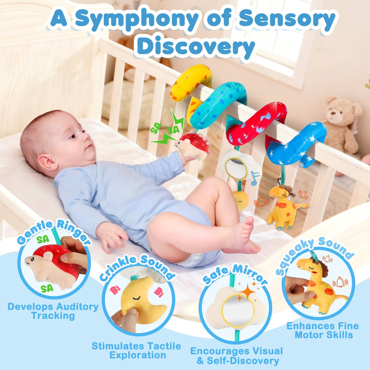 URMYWO spiral baby pram toy with black and white high contrast giraffe and hedgehog rattles for newborns 0-12 months.