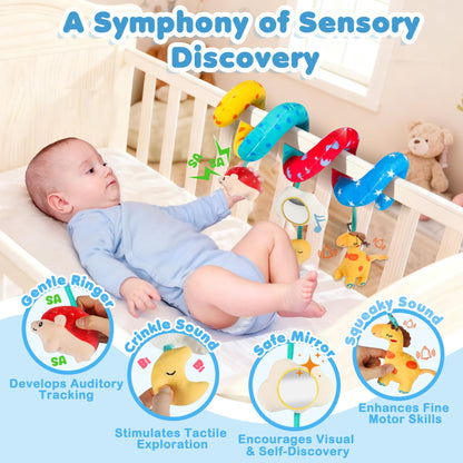 URMYWO spiral baby pram toy with black and white high contrast giraffe and hedgehog rattles for newborns 0-12 months.