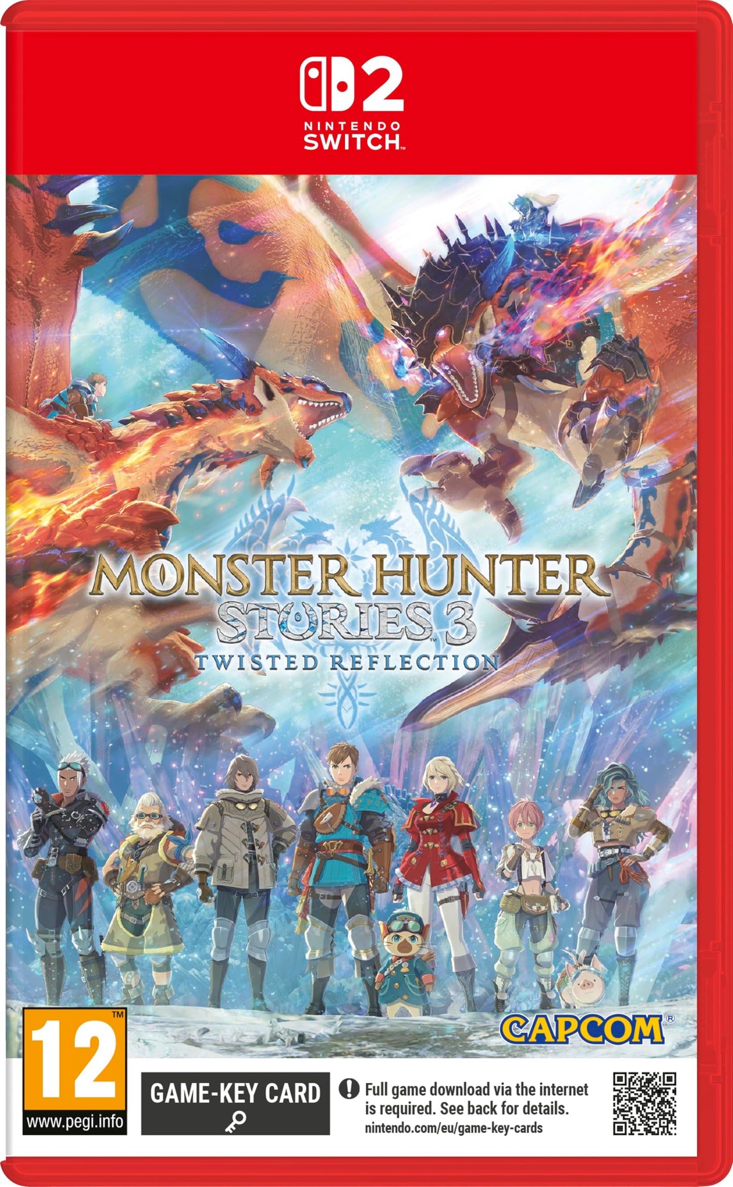 Nintendo Switch game cartridge for Monster Hunter Stories 3: Twisted Reflection by Capcom, featuring colorful game artwork.