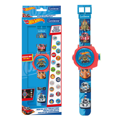 LEXIBOOK Hot Wheels adjustable projection watch in blue with digital screen and 20 fun car images for children.
