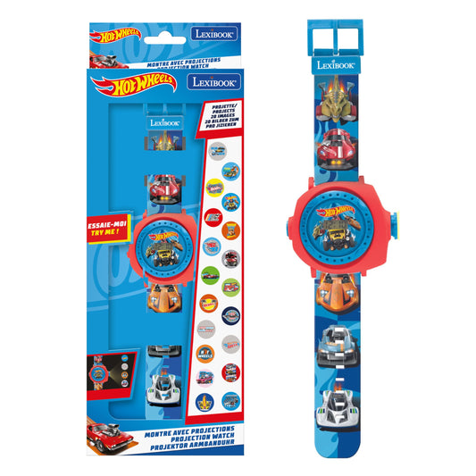 LEXIBOOK Hot Wheels adjustable projection watch in blue with digital screen and 20 fun car images for children.