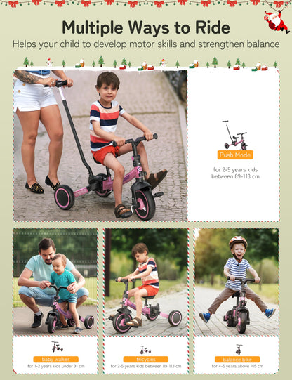 besrey 7-in-1 toddler tricycle in pink with adjustable seat, parent steering handle, and removable pedals for ages 1-5.