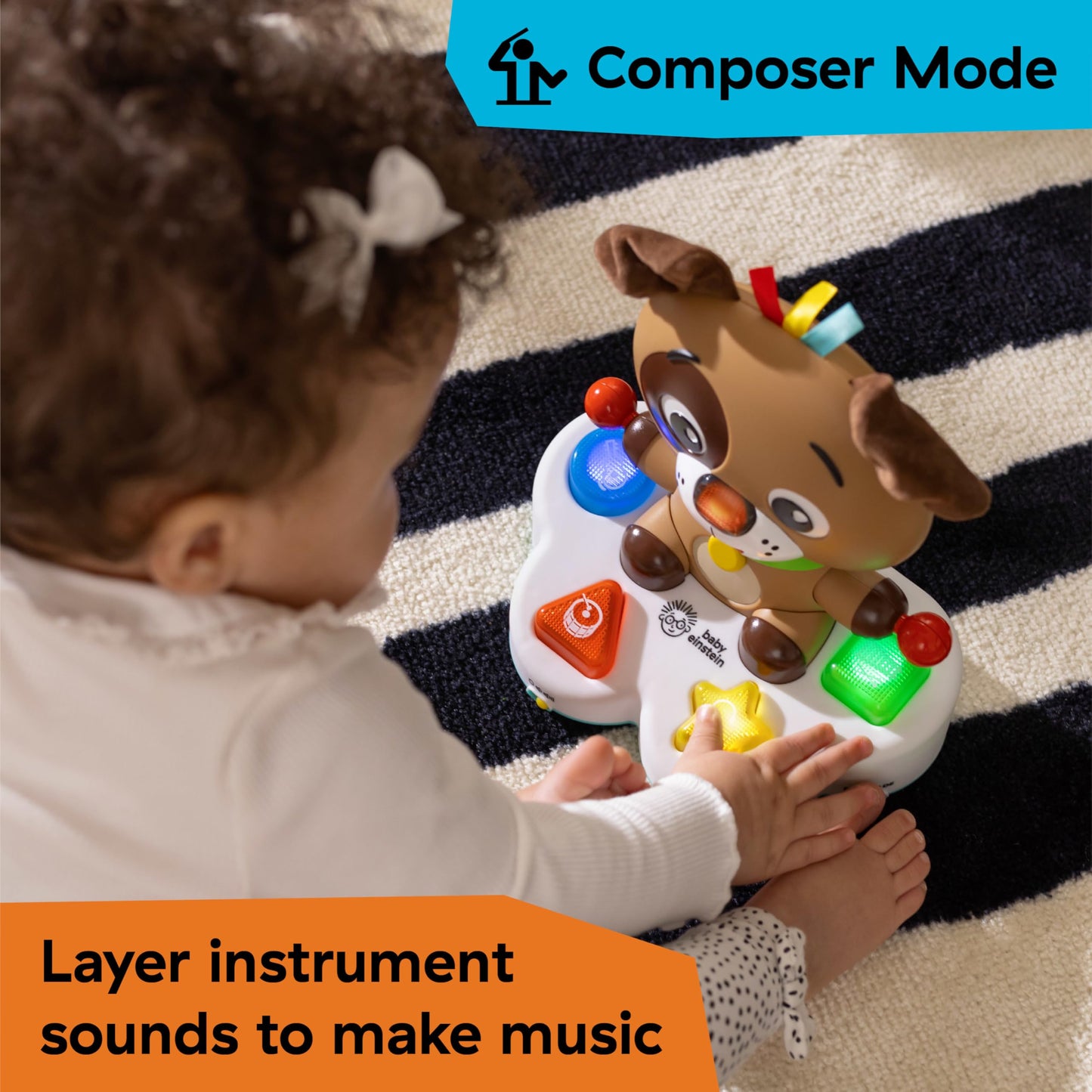 Baby Einstein Drum & Learn Dean musical toy with colorful drums and sensory features for babies 6 months and up.
