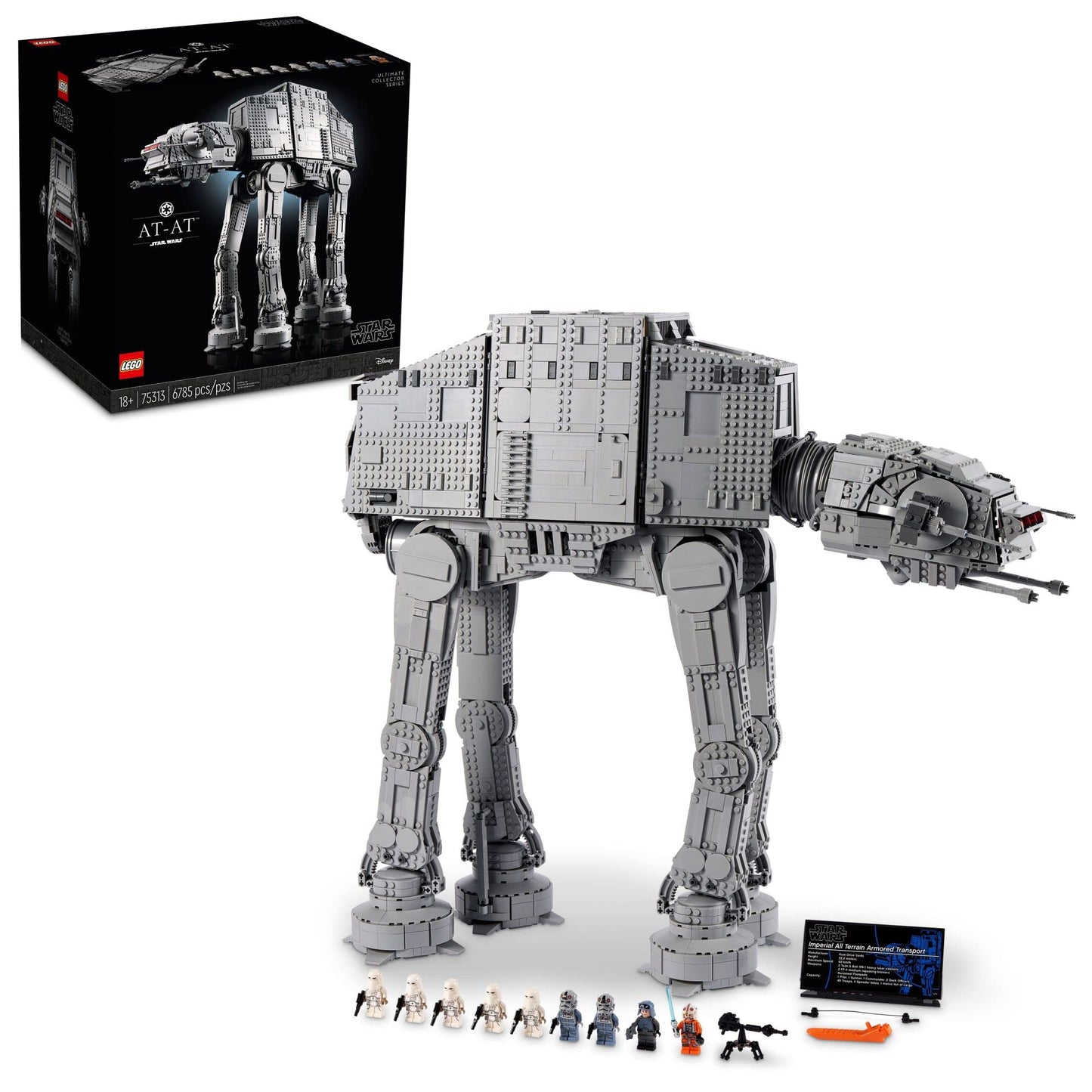 LEGO Star Wars AT-AT Walker 75313 model with General Veers, Luke Skywalker, and Snowtrooper minifigures on display.