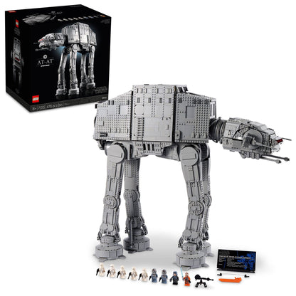 LEGO Star Wars AT-AT Walker 75313 model with General Veers, Luke Skywalker, and Snowtrooper minifigures on display.