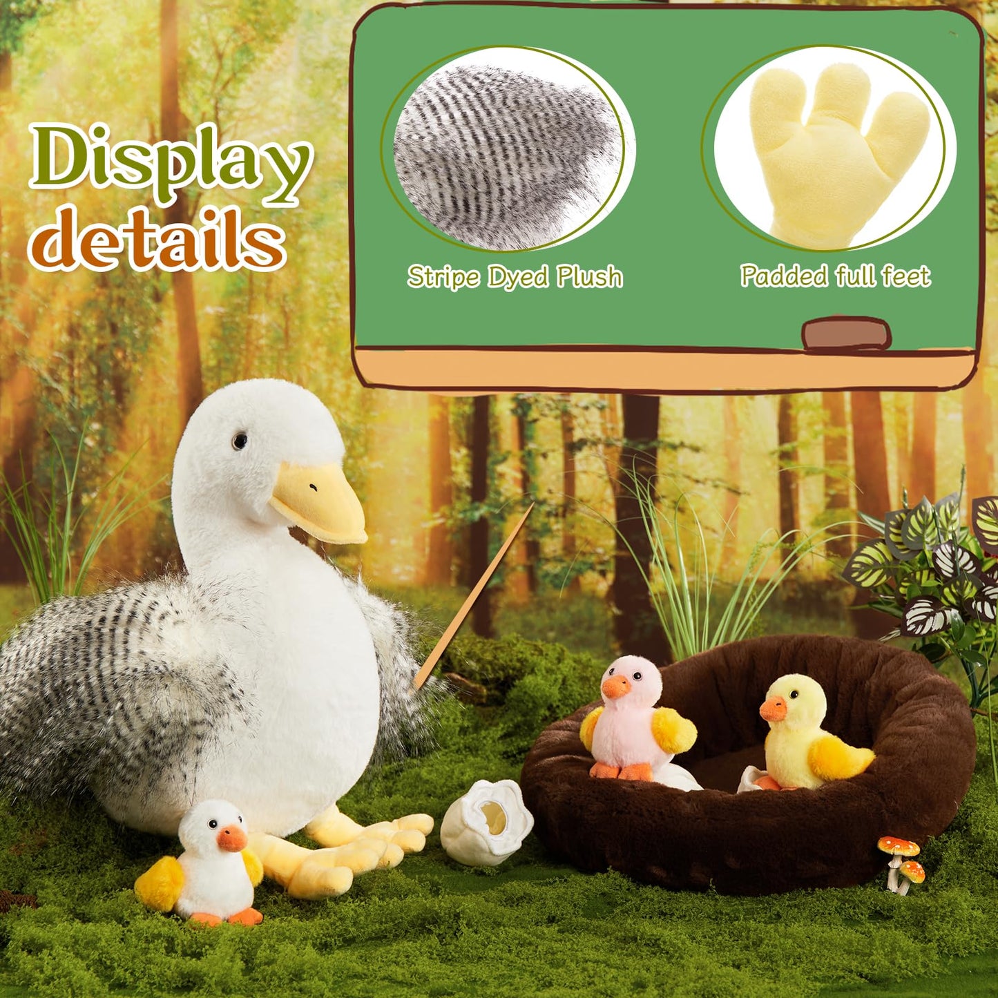 MorisMos Big Duck Teddy Soft Toy, 35cm Mom with Cuddly Ducklings Baby, Giant Fluffly Duck Stuffed Animal Realistic Kawaii Plush Gift for Kids Birthday Deco
