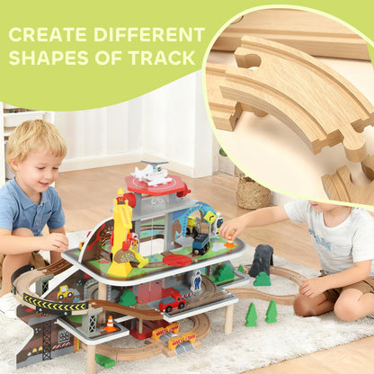 AIYAPLAY wooden train set with 79 pieces including tracks, crane, helicopter, and mine-themed accessories for kids age 3+