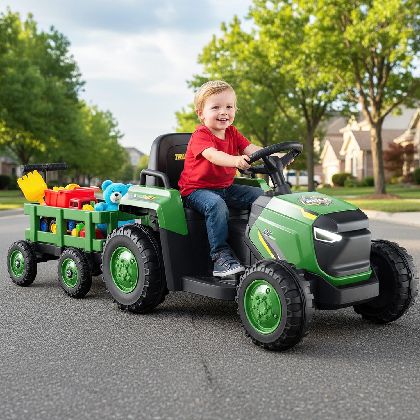Maxmass Kids Ride on Tractor and Trailer, 12V Battery Powered Electric Construction Toy Car with Remote Control, USB, LED Headlights, Horn, Children Ride on Bulldozer for 3-8 Years Old (Dark Green)
