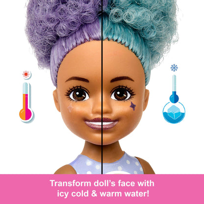 Barbie Chelsea Pop Reveal Doll Set with scented small doll, Pop-It pet, and color-changing surprises from the Treat Series.