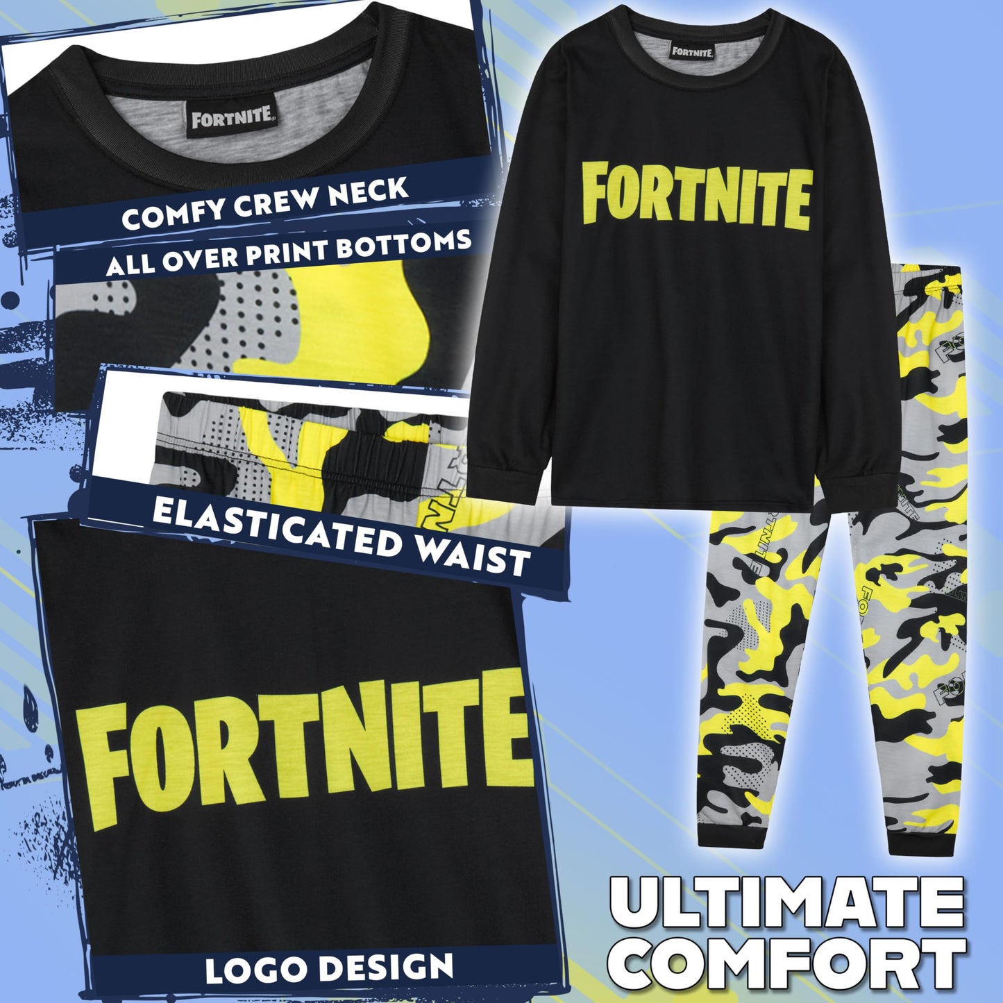 Get Trend Fortnite Boys Pyjamas Set, Long PJs for Kids & Teenagers, Cosy Loungewear Soft Nightwear, Gamer Gifts for Boys (9-10 Years, Yellow Fortnite)