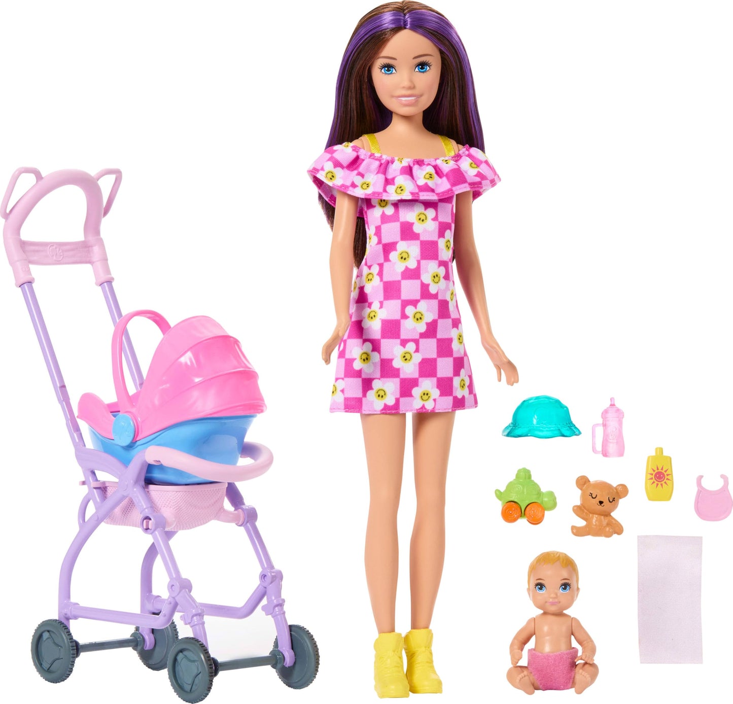 Barbie Skipper Babysitters Inc. playset with brunette doll, blonde baby doll, stroller, removable car seat, and seven accessories