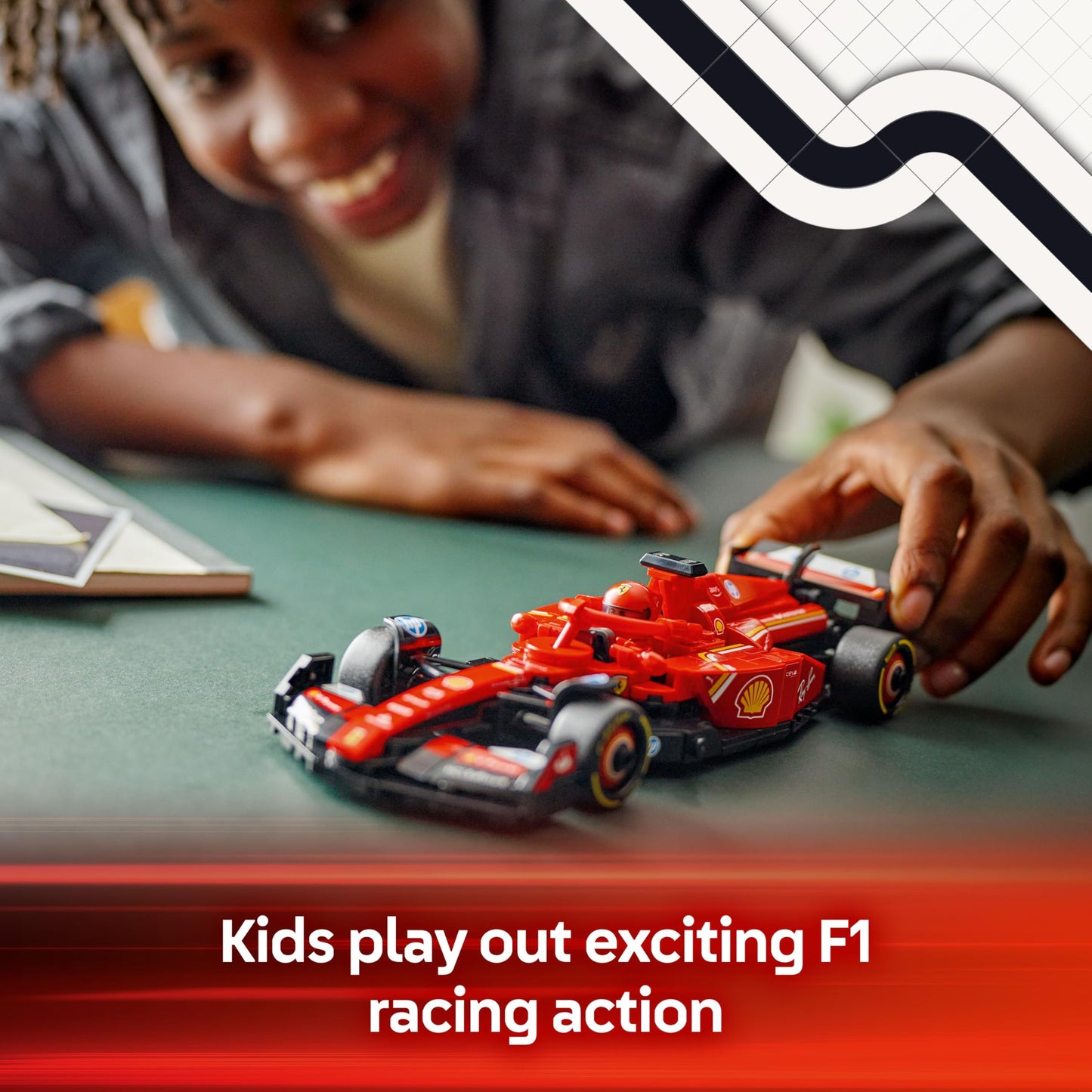 LEGO Speed Champions Ferrari SF-24 F1 race car model kit with a Formula 1 driver minifigure, ideal for motorsport fans.