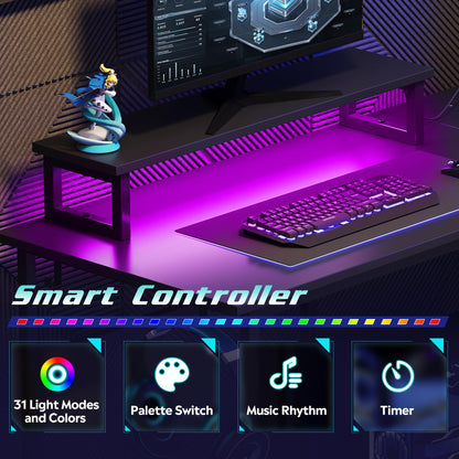 DEVAISE L-shaped gaming desk in black with RGB LED lights, monitor stand, hook, and storage shelf for home office or gaming.